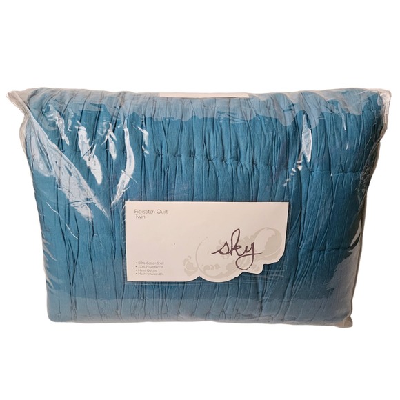 Twin Pickstitch Blue Quilt Bedding Ruched Feminine Cottagecore Cotton Sky New